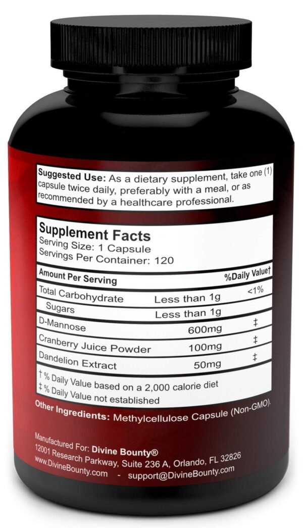 Divine Bounty etiquta del producto D-Mannose y Acetyl L-Carnitine