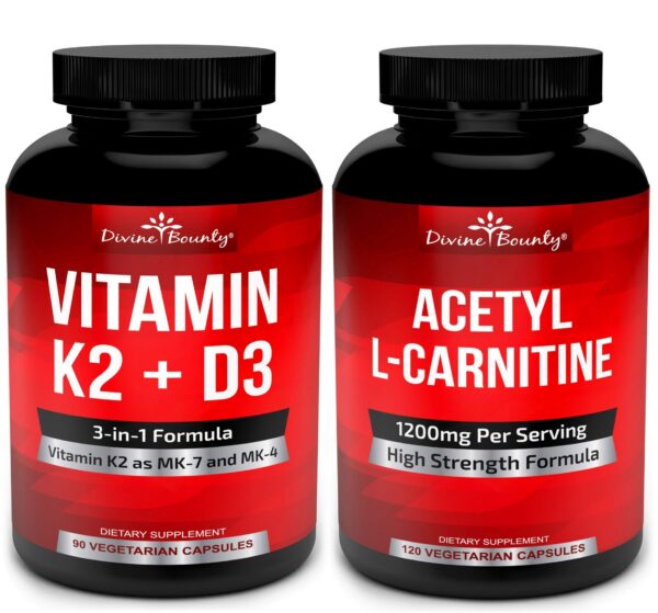 Frente de Divine Bounty Vitamina K2 con D3 y Acetil-L-Carnitina