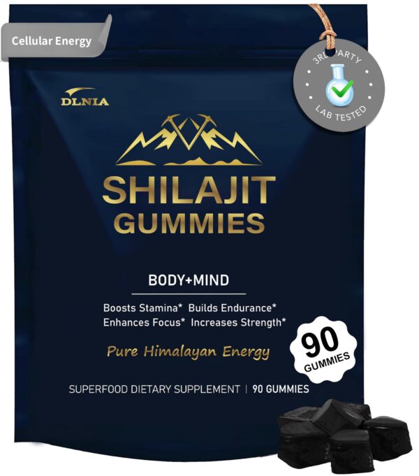 Gomitas Shilajit DLNIA frente al empaque 90 piezas
