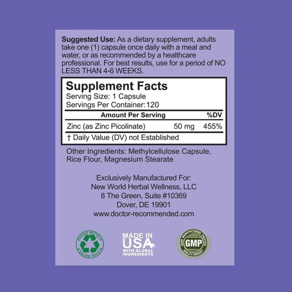 Etiqueta del zinc picolinato 50 mg