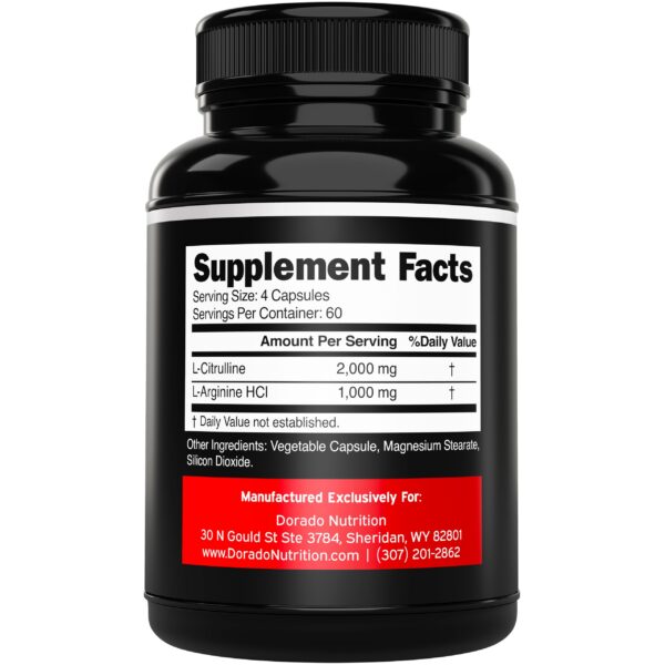 Etiqueta lateral de Dorado Nutrition L-Arginina L-Citrulina
