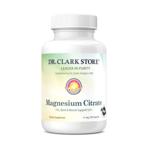 Frasco de cápsulas Dr Clark Store Citrato de Magnesio 91mg con 100 unidades