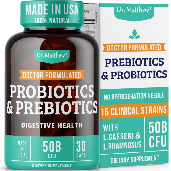 Version 1.0.0 Frasco de probióticos prebióticos Dr Matthew para salud intestinal