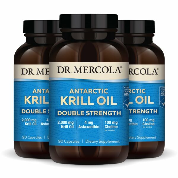 Botella Dr. Mercola Antarctic Krill Oil con etiqueta