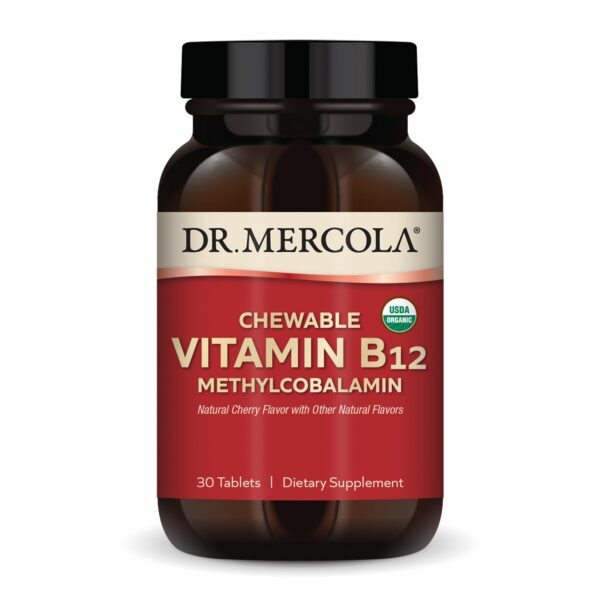 Frasco de vitamina B12 orgánica masticable