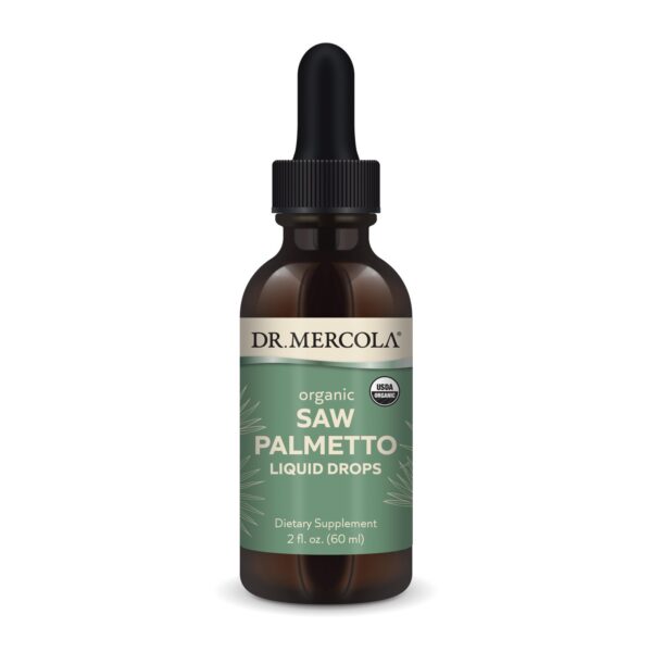 Version 1.0.0 Dr Mercola gotas saw palmetto orgánico botella frontal