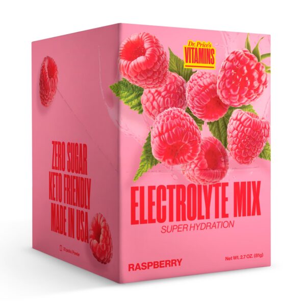 Frente del envase Dr Price Electrolyte Mix Raspberry