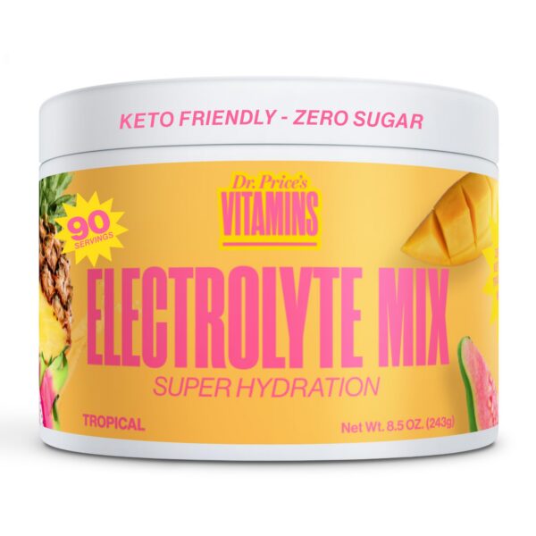 Frente de la etiqueta de Dr Price's Electrolyte Mix Tropical