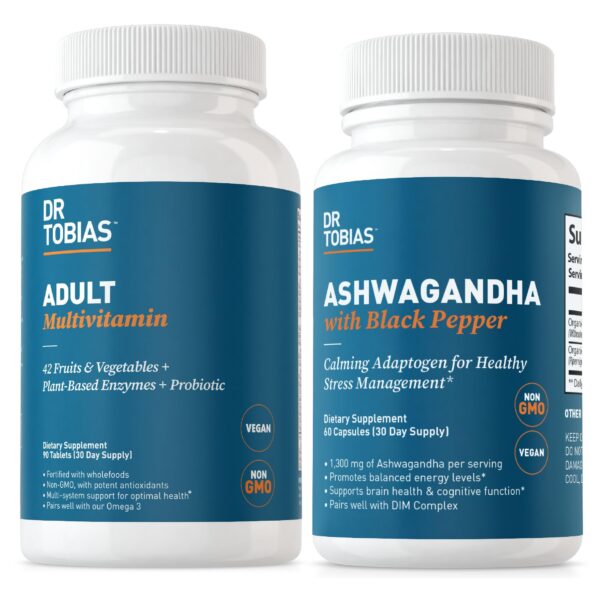 Frontal de Dr. Tobias multivitaminas y Ashwagandha