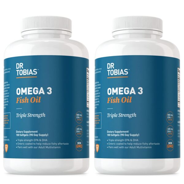 Version 1.0.0 Botella de Dr. Tobias Omega 3 Fish Oil con etiqueta