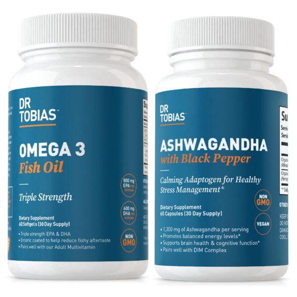 Dr. Tobias Omega 3 y Ashwagandha cápsulas frasco frontal
