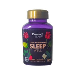 Frasco de Dream Spell suplemento natural para dormir con melatonina
