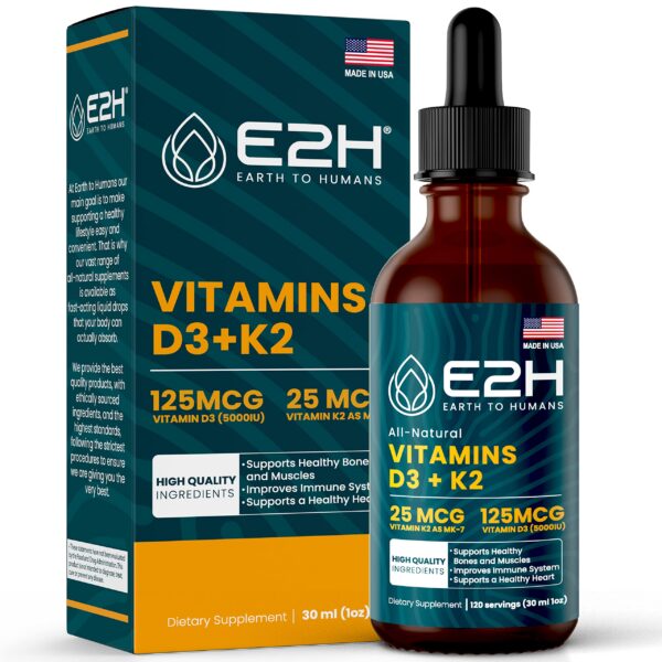 Botella líquida D3 y K2 de E2H con etiqueta