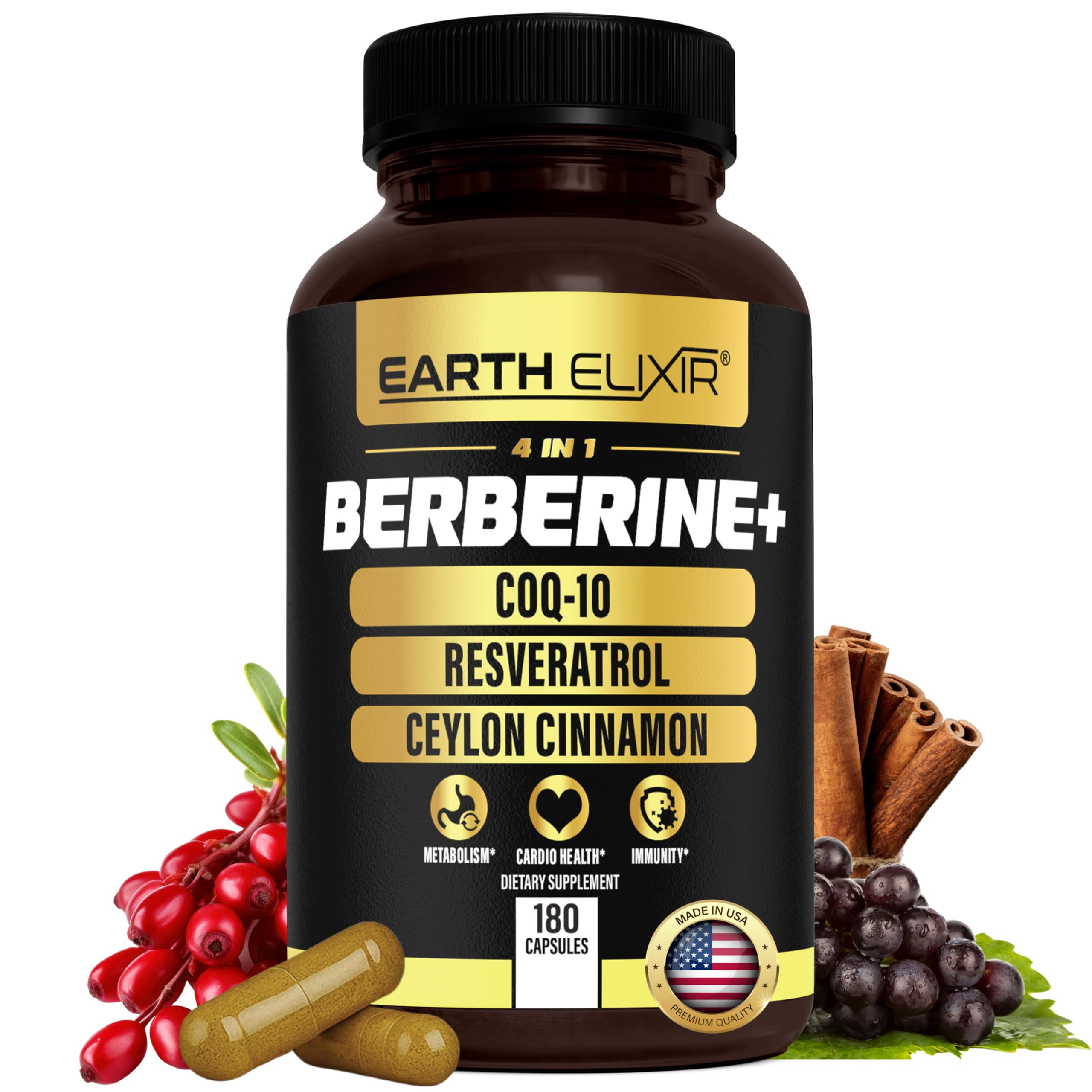 Earth Elixir Berberine with Ceylon Cinnamon, CoQ10 Ubiquinol & Resveratrol