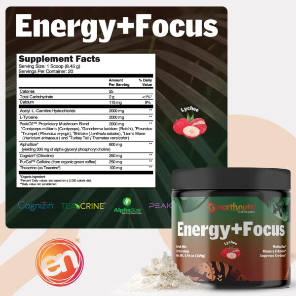 EarthNutri Energy + Focus polvo rosa para enfoque mental