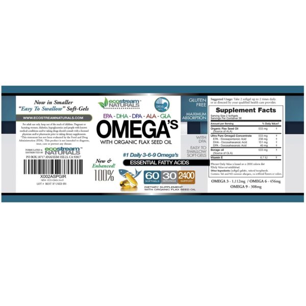 Etiqueta de omega-3-6-9 con aceite de linaza
