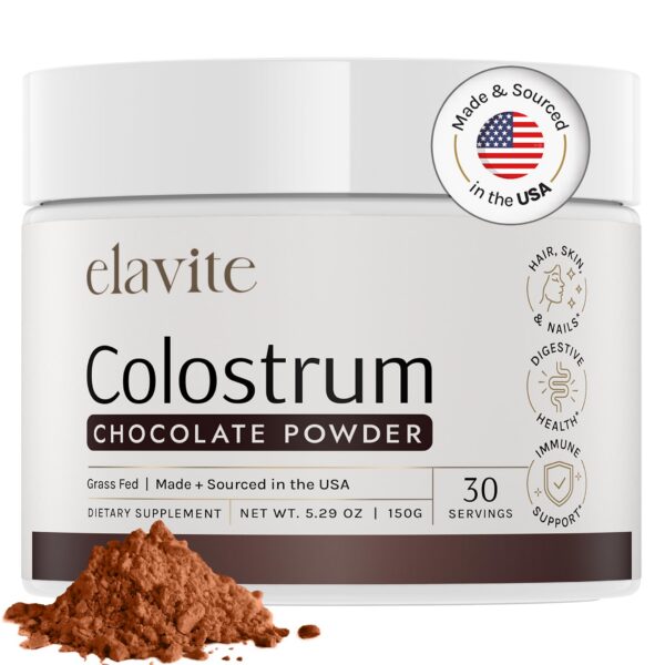Frasco de Elavite Colostrum polvo chocolate