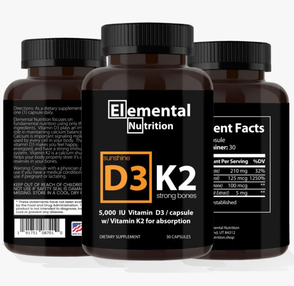 Etiqueta y cápsulas Elemental Nutrition K2+D3