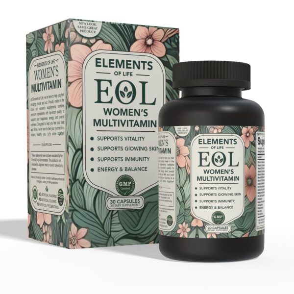 Frente de la etiqueta Elements of Life multivitamínico para mujeres