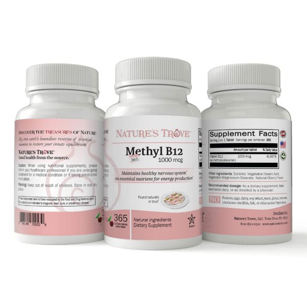 Embalaje frontal vitaminas B12 1000 mcg Nature's Trove con sabor a cereza