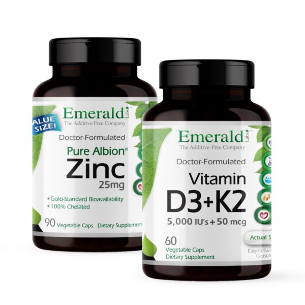 Frasco Emerald Labs D3+K2 y Zinc 60 cápsulas