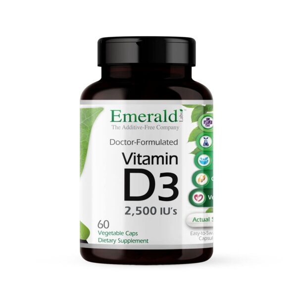 Emerald Labs Vitamina D3 botella y cápsulas vegetales