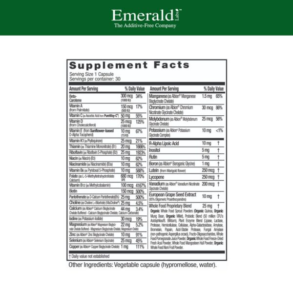 Version 1.0.0 Etiqueta frontal del multivitamínico EMERALD LABS
