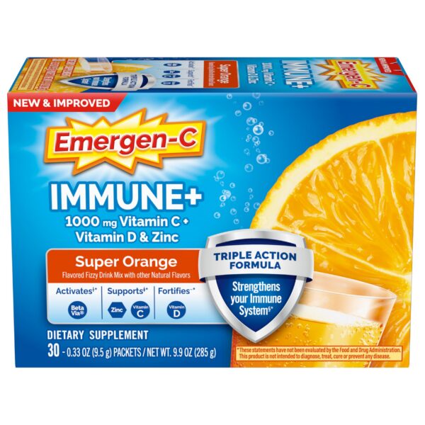 Emergen-C Immune+ Triple Acción polvo en caja y sobres sabor Súper Naranja