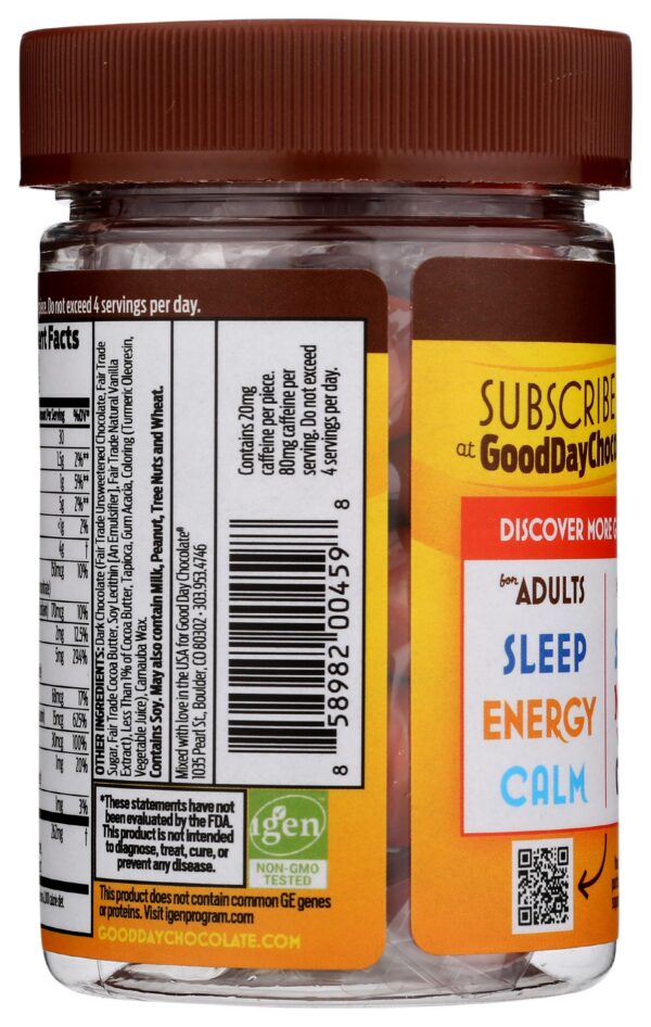 Empaque chocolate con cafeína para aumento energía y enfoque