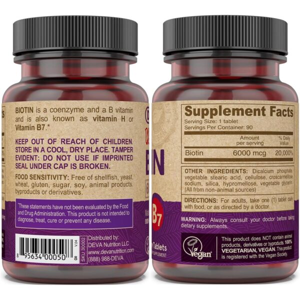 Empaque DEVA suplemento biotina vegana alta potencia