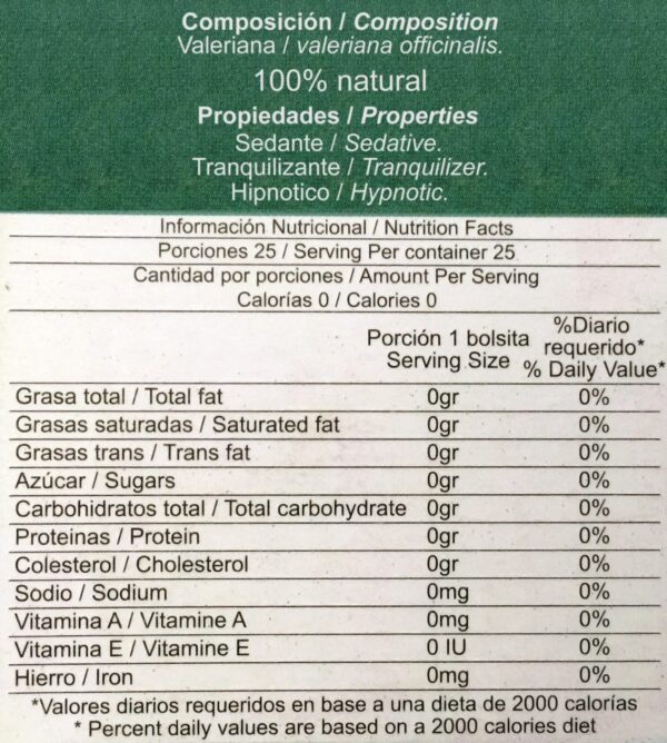 Empaque doble té valeriana Fabi-Saa 50 bolsas