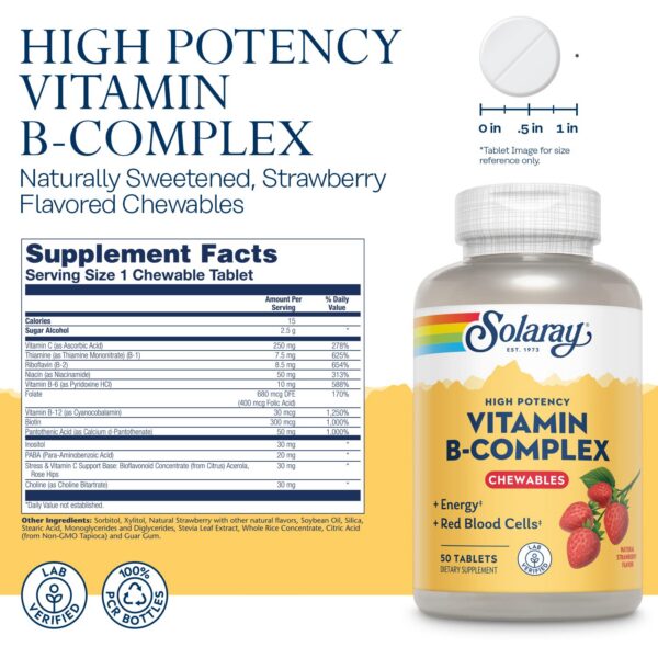 Empaque frontal Vitamin B-Complex Solaray fresa 50 tabletas