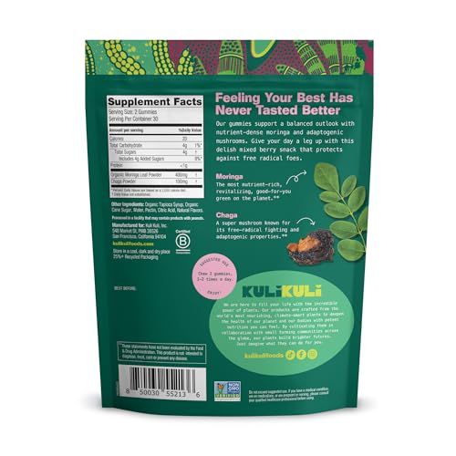 Empaque frontal Kuli Kuli gomitas energéticas moringa sin cafeína