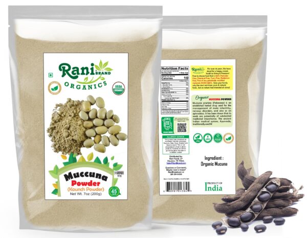 Detalle empaque mucuna en bolsa resellable Rani polvo 200g