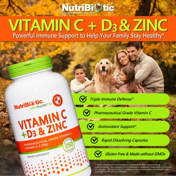 Empaque NutriBiotic Vitamina C D3 Zinc 250 cápsulas