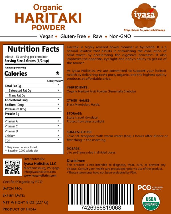 Empaque polvo Haritaki orgánico Iyasa para digestión