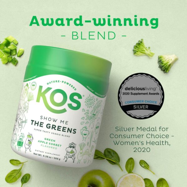 Empaque polvo KOS Supergreens con espirulina y clorela