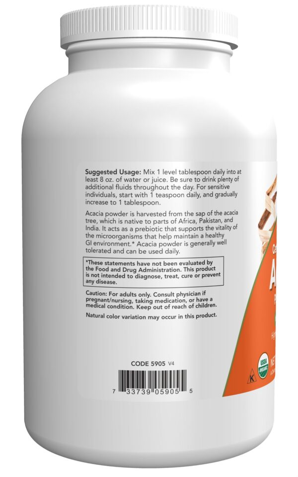 Empaque polvo orgánico acacia NOW Foods 12 onzas certificado GMP