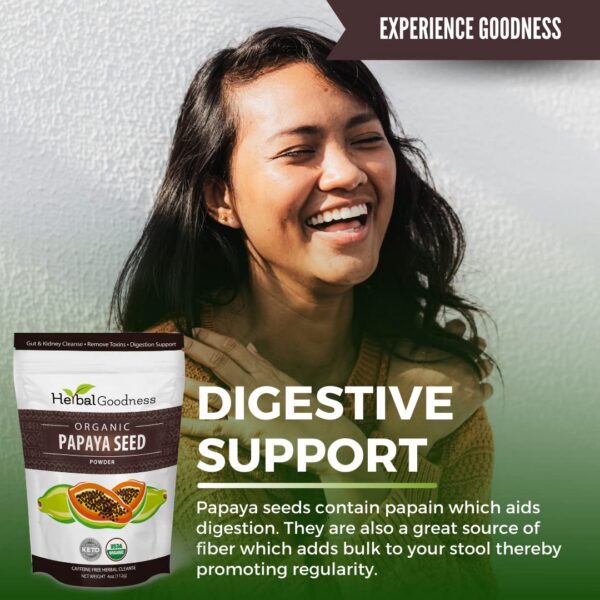 Empaque polvo semillas papaya orgánico sin OGM soporte salud digestiva