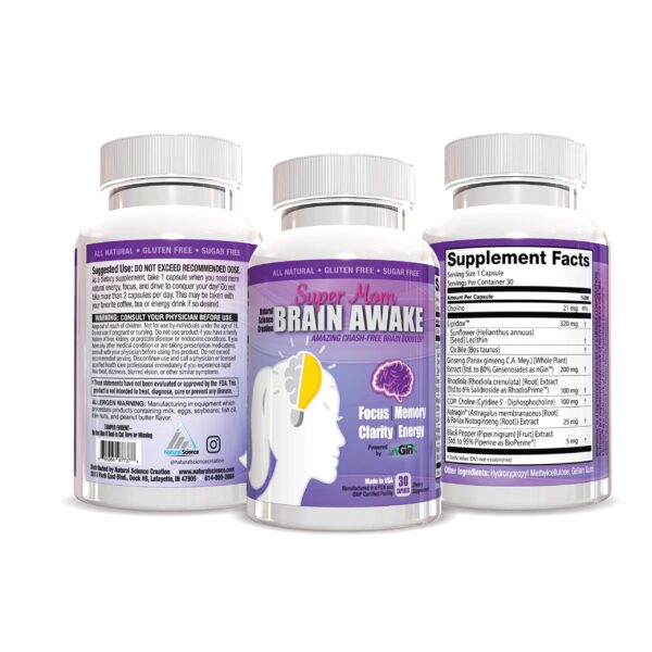 Empaque del suplemento Brain Awake para mujeres mejora memoria