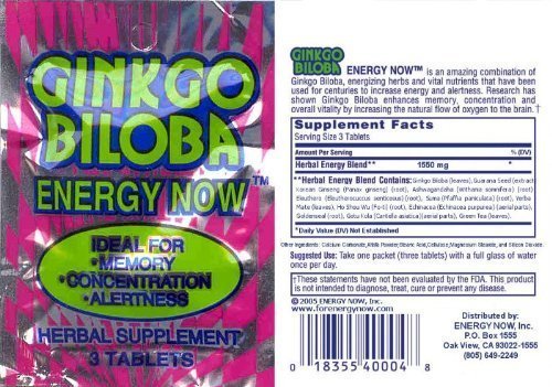 Enegry Now suplemento herbal Ginkgo Biloba 3 tabletas 24 paquetes