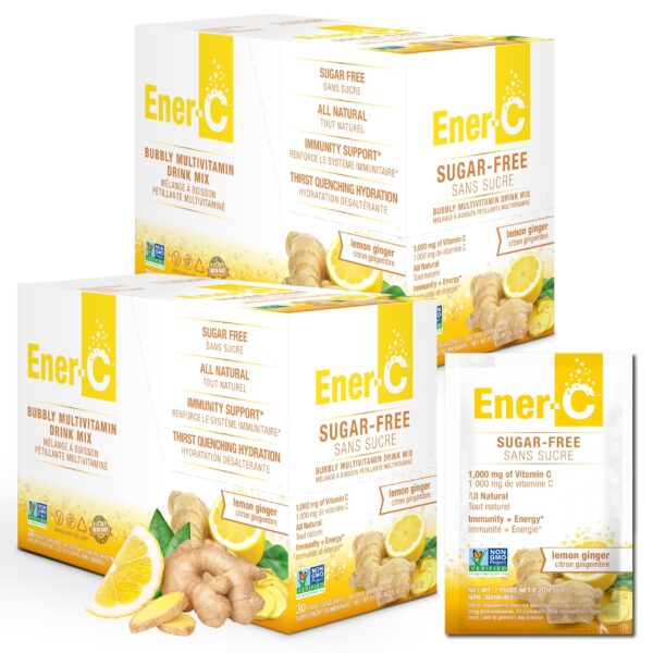 Version 1.0.0 Ener-C sin azúcar mezcla multivitamínica limón jengibre 60 sobres