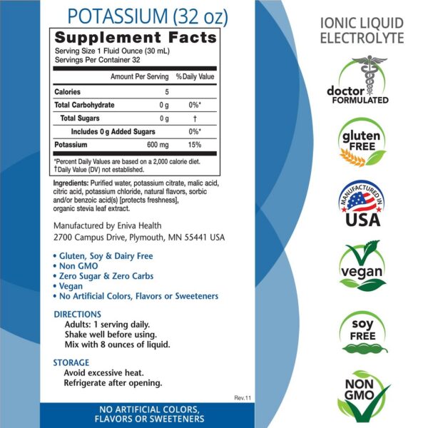 Etiqueta nutricional detallada de Eniva Health potasio