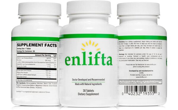 Version 1.0.0 Enlifta 5HTP tabletas frente a etiqueta