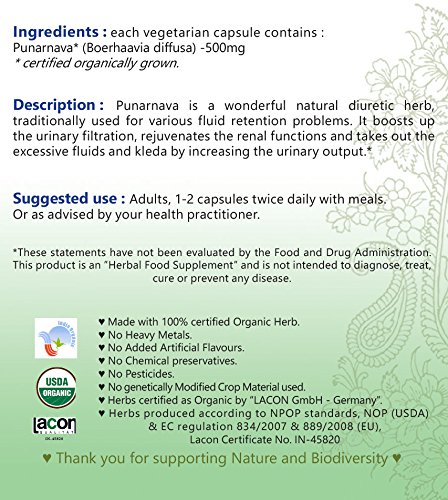 Entrega rápida PUNARNAVA cápsulas orgánicas certificado USDA suplemento herbal