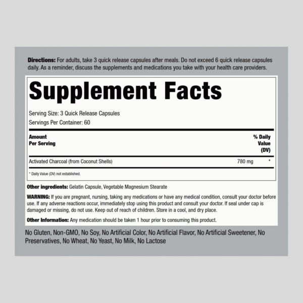 Envase con 180 cápsulas de carbón activado Piping Rock