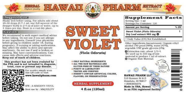 Version 1.0.0 Detalle etiqueta suplemento herbal violeta dulce Hawaii Pharm