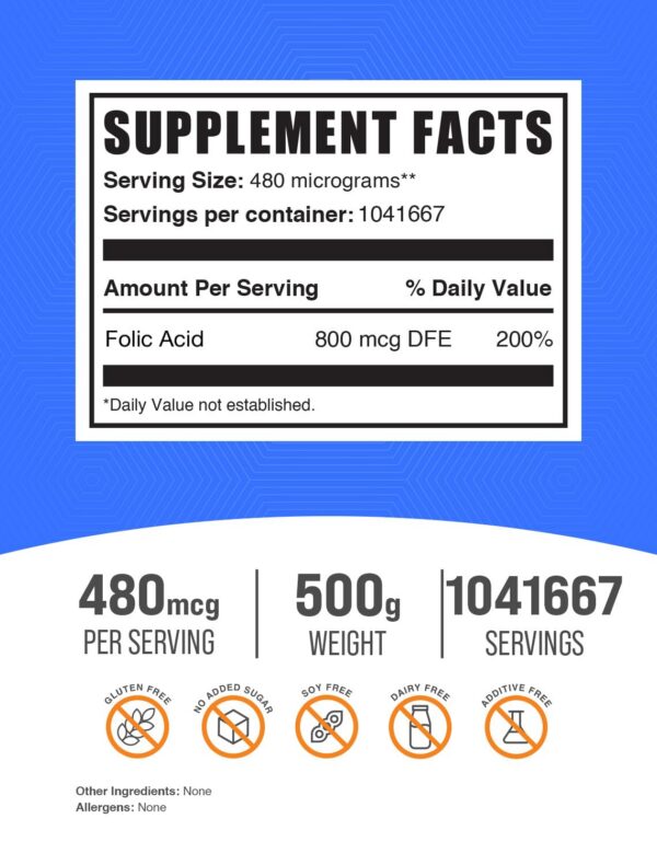 Envase de 500 g polvo de ácido fólico sin gluten BulkSupplements