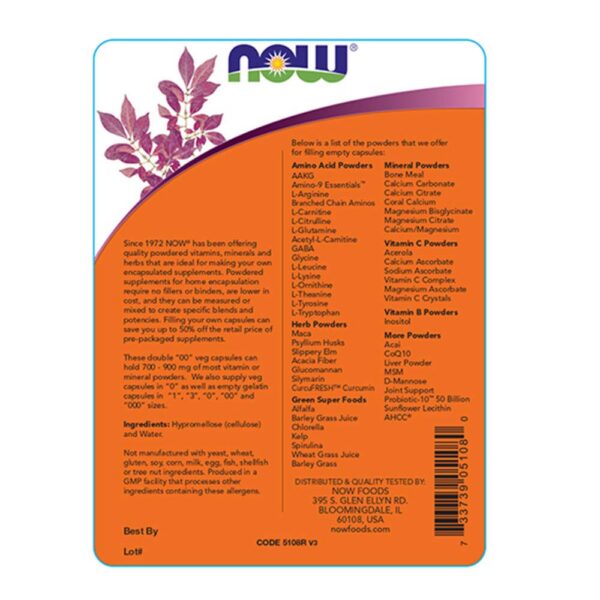 Envase de 750 cápsulas vegetarianas vacías transparentes NOW Foods