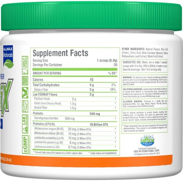 Envase ALLMAX FiberBiotix con mezcla avanzada de prebióticos y probióticos